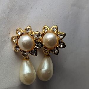 Richelieu Vintage Faux Pearl Diamond Earrings drop floral pearls post ba…